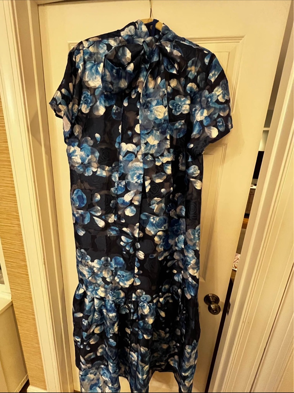 Sugarlips Navy Floral Bow-Tie Midi Dress with Blue and White Blooms